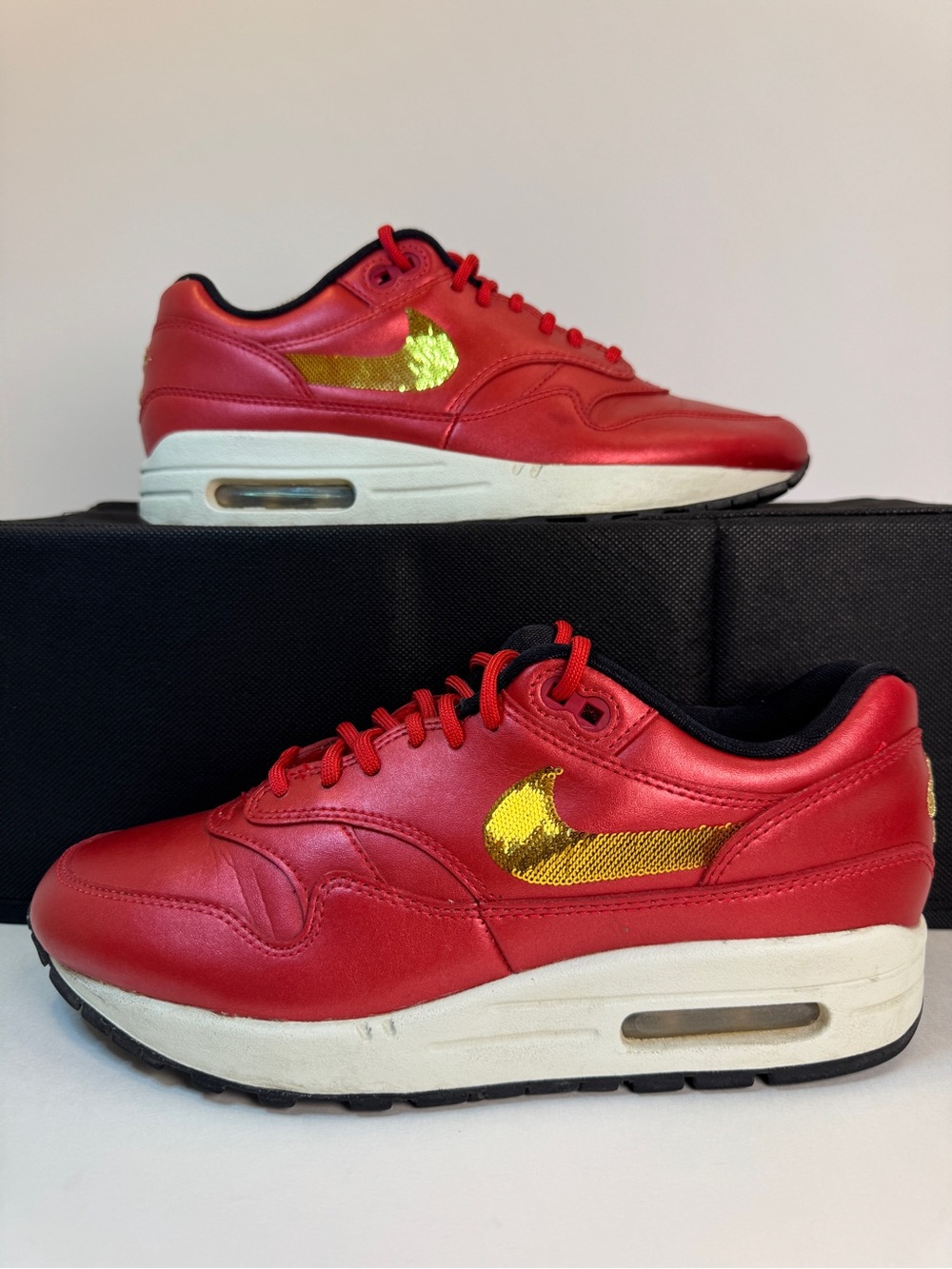 Nike air max 1 gold sequin university red women’s size 7.5